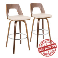 Lumisource B30-TRILOR WLCR2 Trilogy Mid-Century Modern Barstool in Walnut and Cream Faux Leather - Set of 2